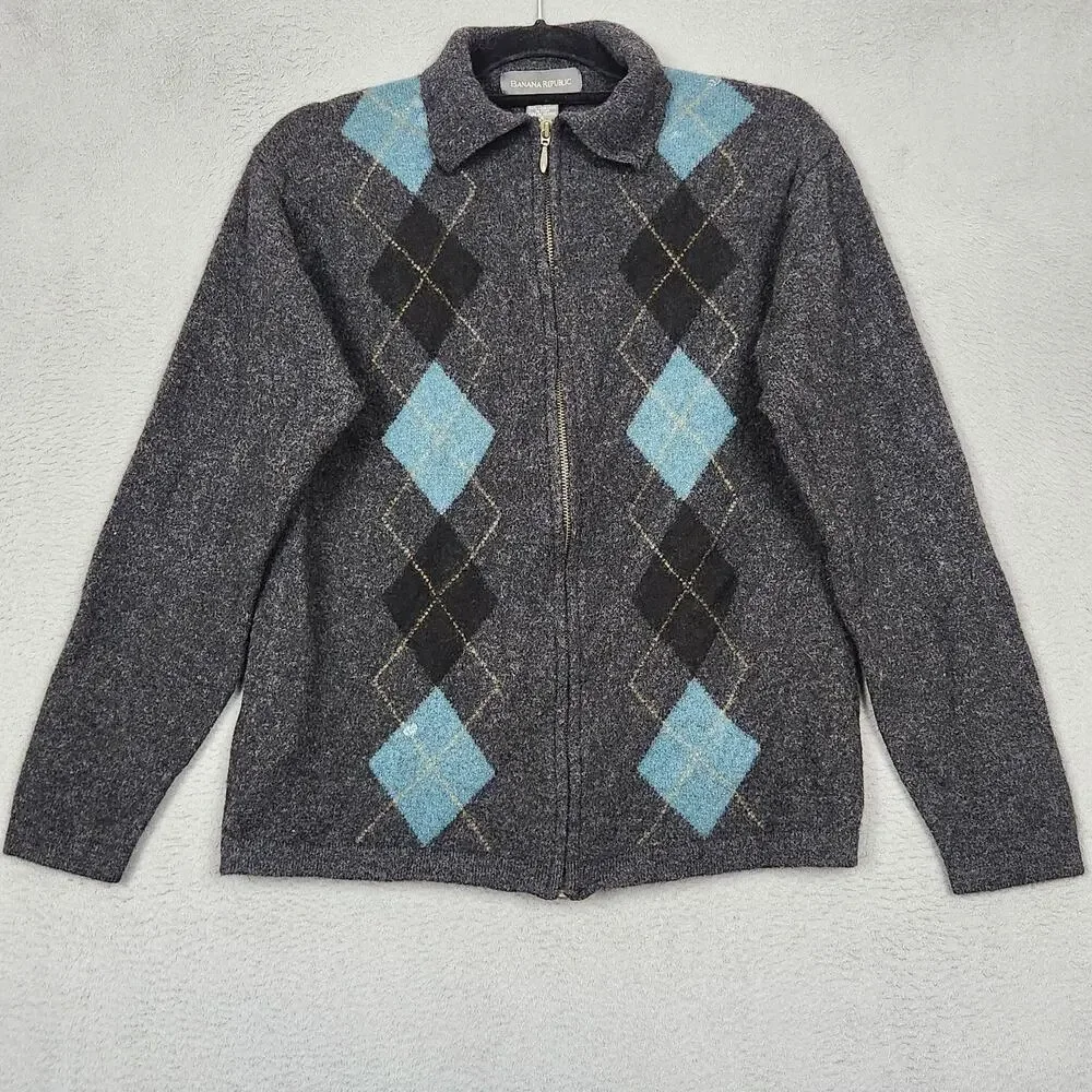 Banana Republic Sweater Mens Small Gray 100% Wool Argyle Full Zip Collared